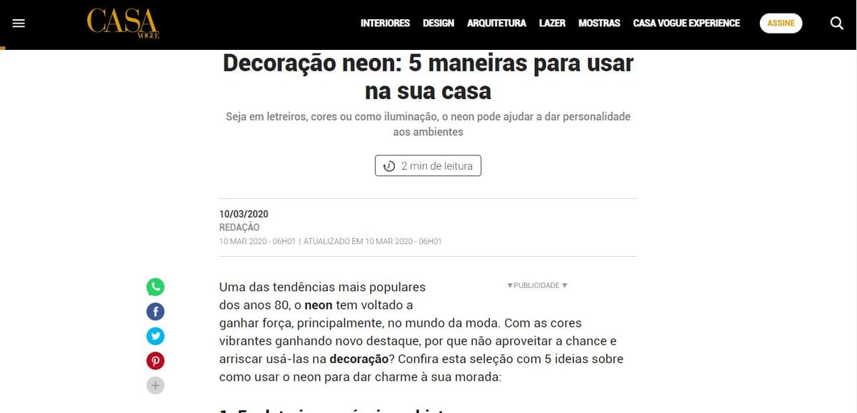 Primeira tela da matéria "Decoração neon: 5 maneiras para usar na sua casa" publicada na Casa Vogue