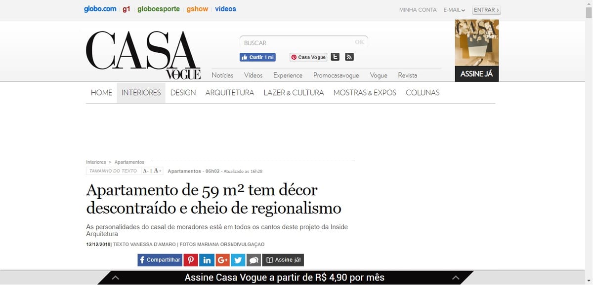 Primeira tela da matéria "Apartamento de 59 m² tem décor descontraído e cheio de regionalismo" publicada na Casa Vogue