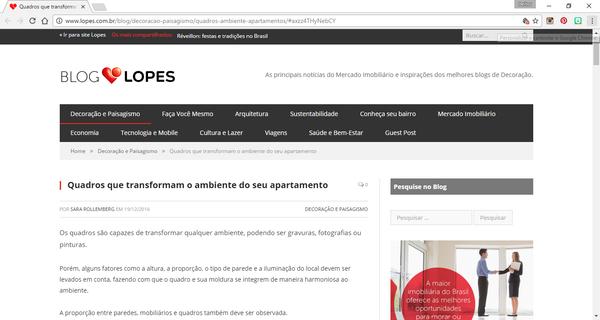 Print da coluna "Quadros que transformam o ambiente" da INSIDE em Blog Lopes