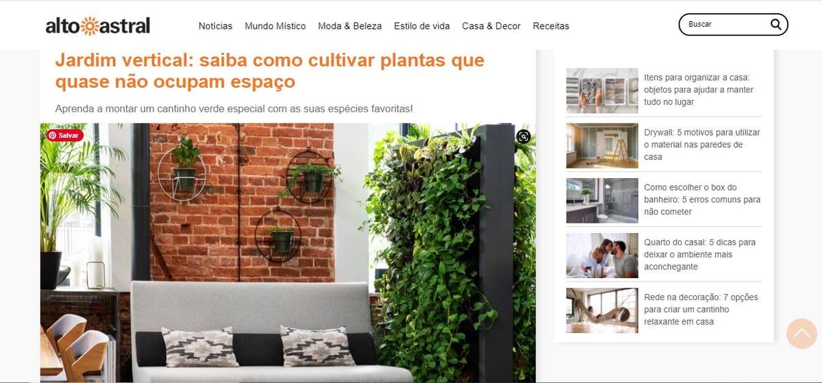 Primeira tela da matéria "Jardim vertical: saiba como cultivar plantas que quase não ocupam espaço"